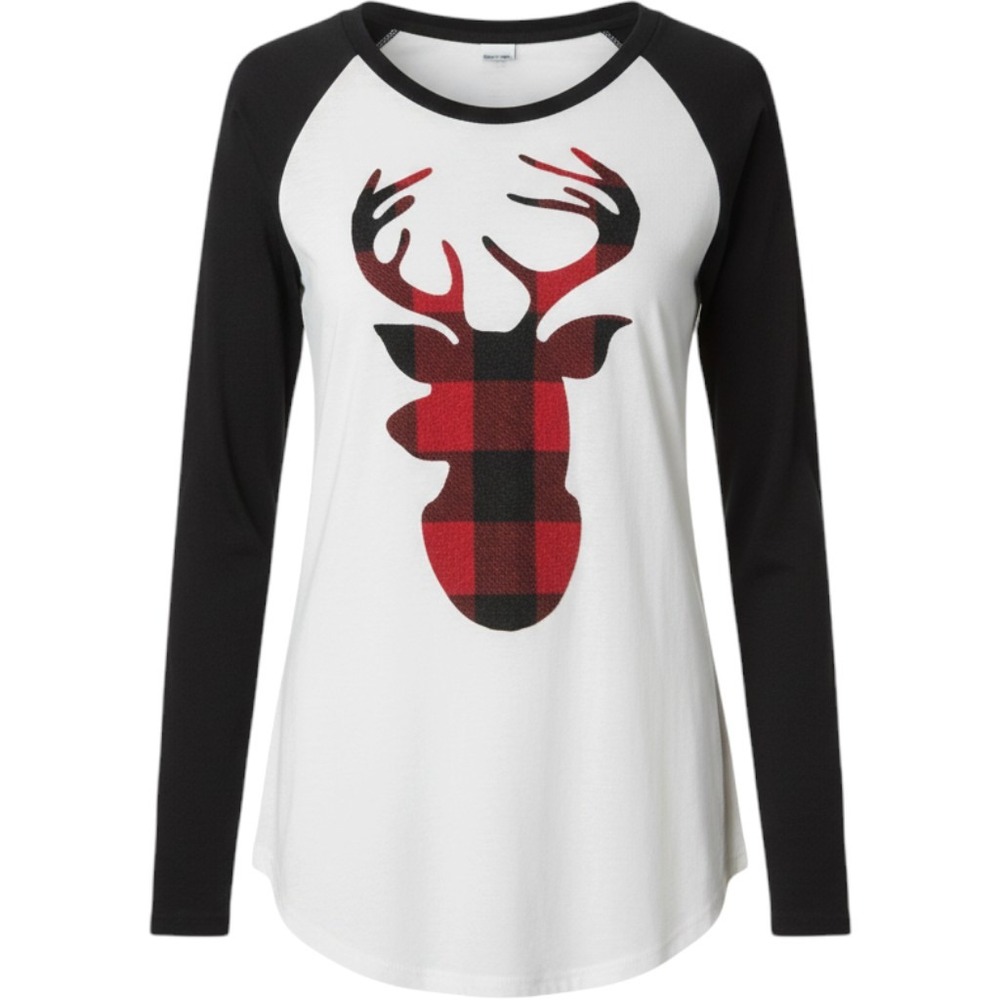 12PM by Mon Ami Womens Small Raglan Tee Buffalo Plaid Deer Head White Black Top